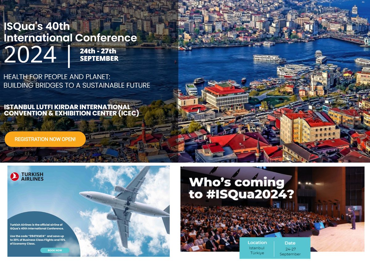 ✈️ @TurkishAirlines , ISQua'nın 40. Uluslararası İstanbul Konferansı'nın resmi havayolu şirketi olarak, tüm yurtdışından katılım sağlayacak delegelere özel indirimler sunmaktadır. Promosyon kodu bölümünde “094TKM24” etkinlik kodunu kullanarak indirimlerden faydalanılabilmektedir