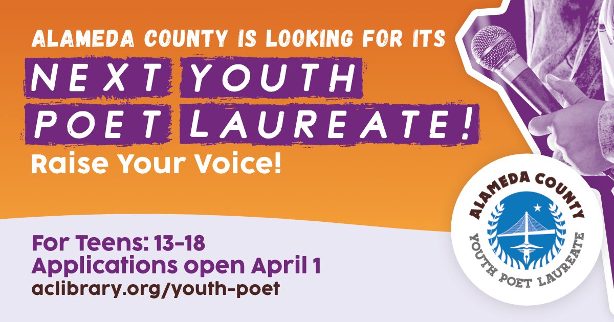 The 2024 #AlamedaCountyYouthPoetLaureate applications open in 3 DAYS! The #ACYPL will serve as an ambassador to inspire #CivicEngagement, #SocialJustice, #CulturalAwareness, and #LiteraryExcellence in our communities. Share this opportunity with a teen! aclibrary.org/youth-poet/