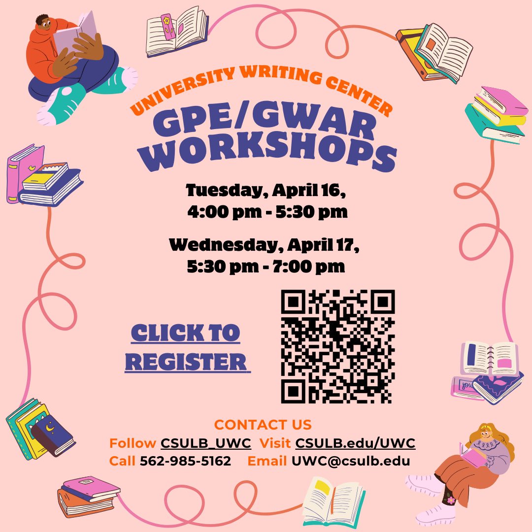 CSULB_UWC's tweet image. GPE/GWAR Workshop

Feeling anxious over this writing placement exam? 🧐 We got you covered! Join us when you come back from a relaxing spring break to get tips and tricks on how to tackle the GPE/GWAR. 

🔗: csulb.qualtrics.com/jfe/form/SV_0o…

#gobeach #GWAR #writing #tutoring #csulb