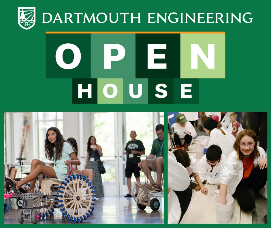 On Tuesday, April 2, from 5:00pm to 7:00pm, the Dartmouth and greater Upper Valley community is invited into our labs and workshops to see what engineering is all about! All ages welcome! 😀 Learn more ➡️ engineering.dartmouth.edu/events/open-ho…