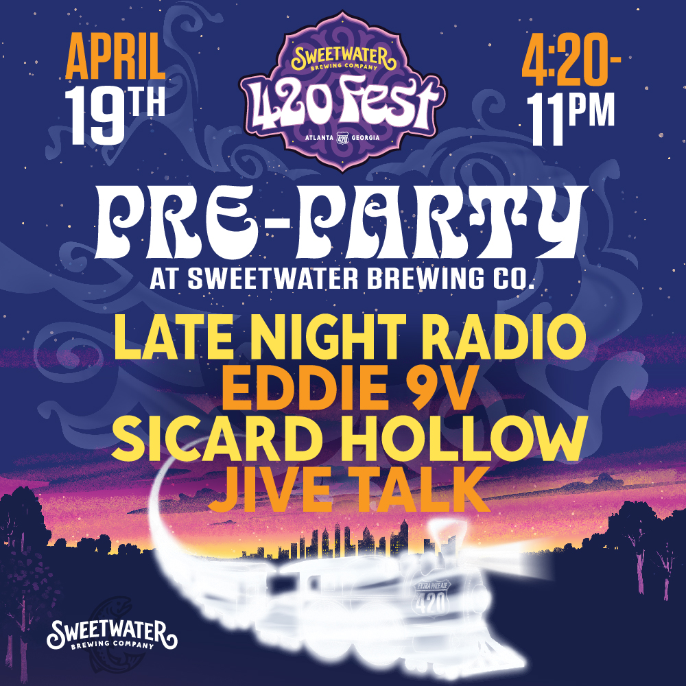 We're stoked to kick off our fave weekend of the year with a lil Friday night pre-party action with @l8nightradio, @Eddie_9V, @sicardhollow, and @jivetalkband all rockin' at SweetWater Taproom. This FREE event kicks off at 4:20 (duh), so we better see all ya'll there!