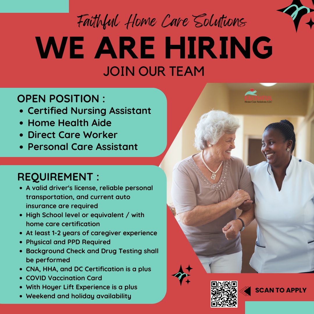 ✨ Join our amazing team of caregivers & shower kindness on those who need it most❣️

✔️ We offer flexible schedules.🥰

➡︎ Apply now: faithfulhomecare.com/home-health-ca…

#CaregiverJobs #MakeADifference #FlexibleSchedules #CNAjobs #HHAjobs