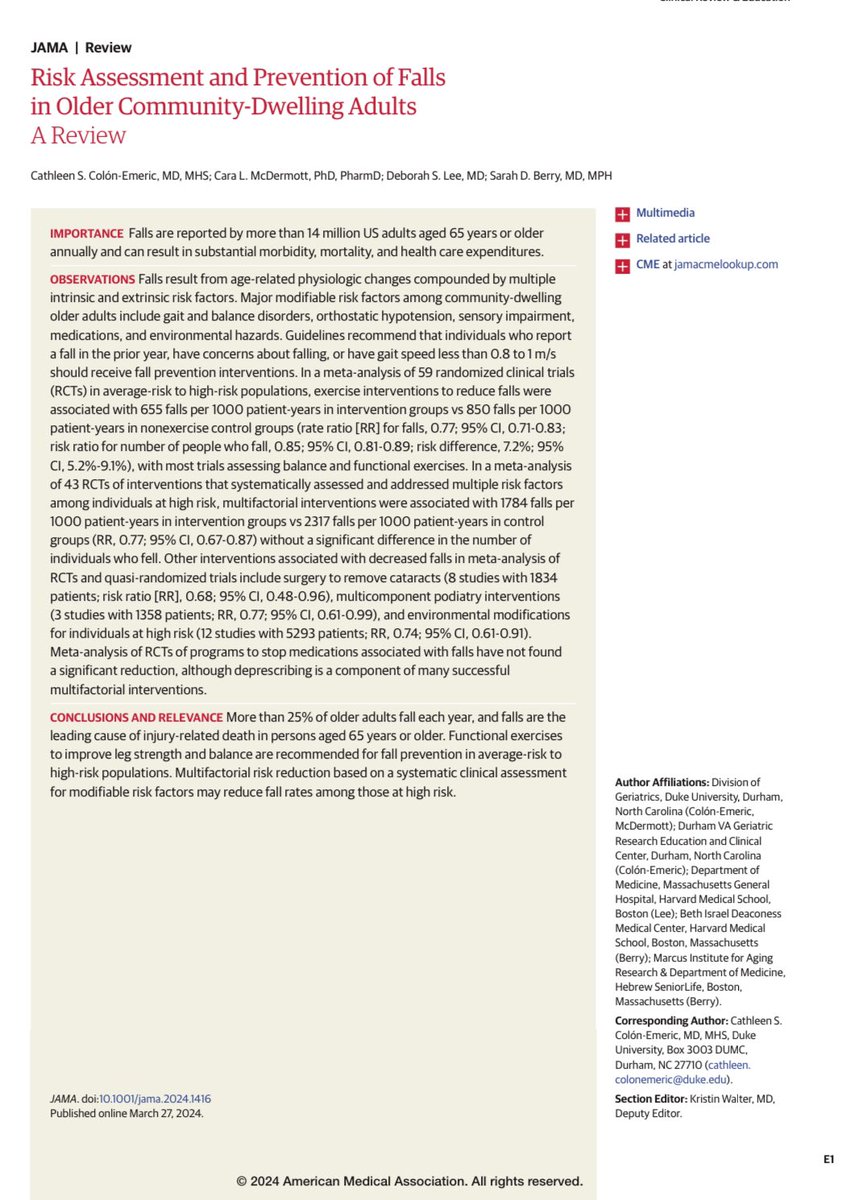 Risk Assessment and Prevention of Falls in Older Community-Dwelling Adults: A Review …a Top Viewed this week at JAMA (link below)