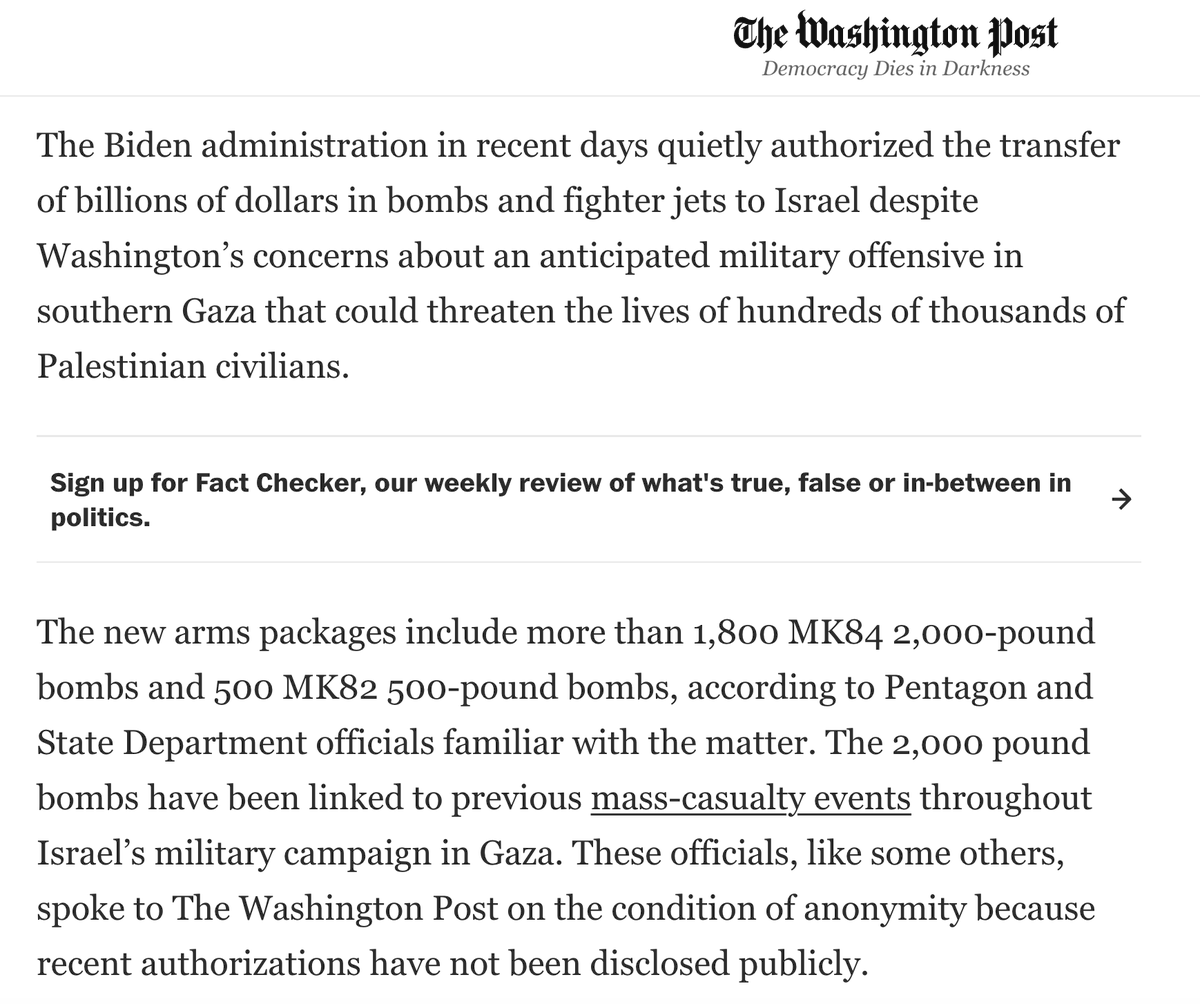 ggreenwald's tweet photo. The Biden Admin just agreed to send Israel billions more of the most devastating bombs and more fighter jets, including more 2,000-pound bombs responsible for some of the most civilian-destroying damage in Gaza.

Don't worry: Biden is still "concerned":

https://t.co/dvQsm8NMLF https://t.co/dxC8YrPX5Q