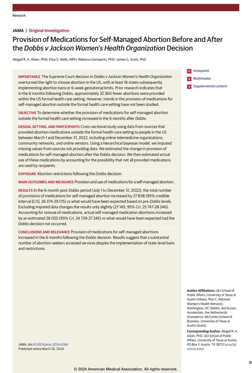 Provision of Medications for Self-Managed Abortion Before and After the Dobbs v Jackson Women’s Health Organization Decision …Top Viewed this week at JAMA (link below)