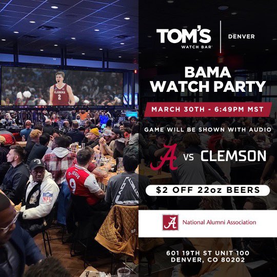 BamaDenver's tweet photo. See y’all at Tom’s Watch Bar to watch the Tide take down the Tigers! #markmadness https://t.co/nPu1DurrwT