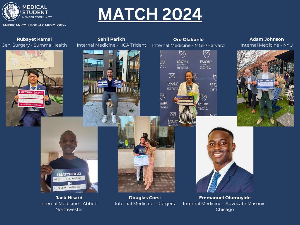 Congratulation to some of our SoMe Ambassadors for their success in #MATCH2024! The work our #ACCMedStudent community does would mean nothing without our SoMe Ambassadors that have amplified our voice and helped lead projects along the way. Best of luck to you all in residency!