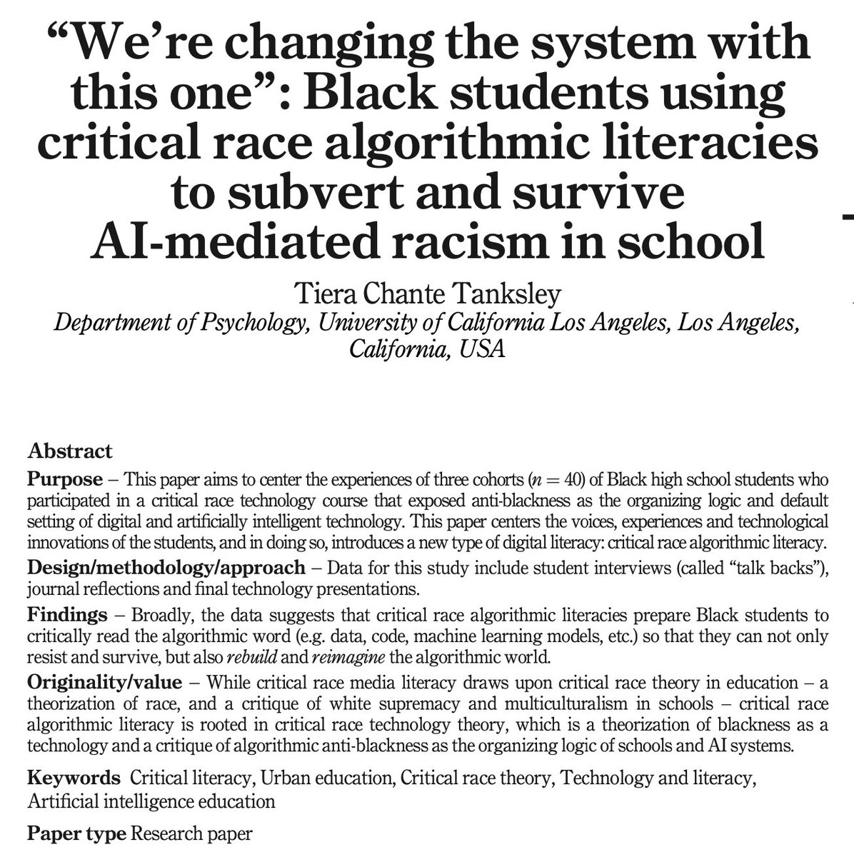 Super excited to see @DrTanksley's piece out in the world! Part of the @EngTchingPrCr special issue on AI. emerald.com/insight/conten…