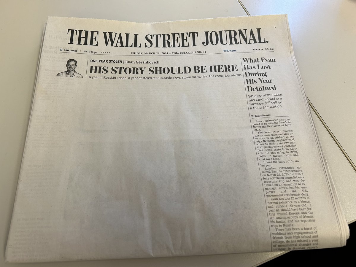 ReillyDavid's tweet photo. Such a powerful front page. Friday marks one year of the unfair imprisonment of our colleague Evan Gershkovich. It's time to bring him home
#IStandWithEvan https://t.co/sJwHemkXU7