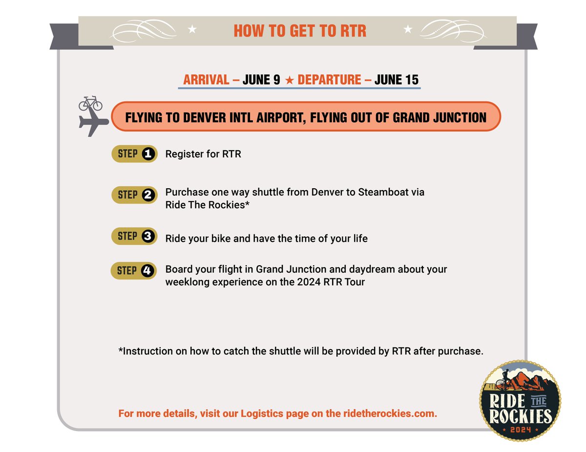 Wondering how you'll get to Ride The Rockies? Check out our Logistics and Shuttles page! You can find info on shuttles, trip planning, airline baggage fees, long term parking, and more!

✈️ ridetherockies.com/rtr-logistics/