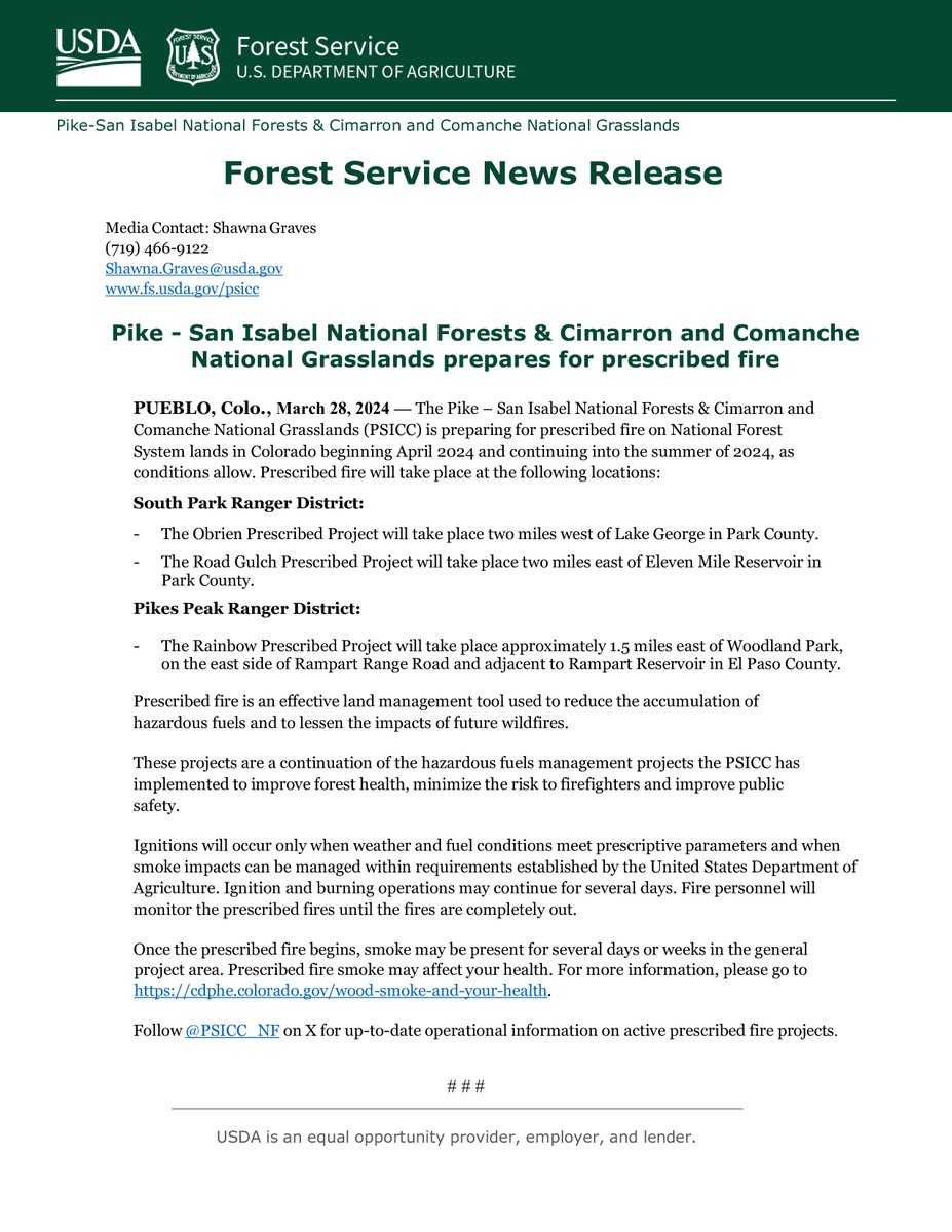 The PSICC is preparing for prescribed fire on National Forest System lands in Colorado beginning April 2024 and continuing into the summer of 2024, as conditions allow. #ObrienRX #RoadGulchRX #RainbowRX #WildfireCrisisStrategy