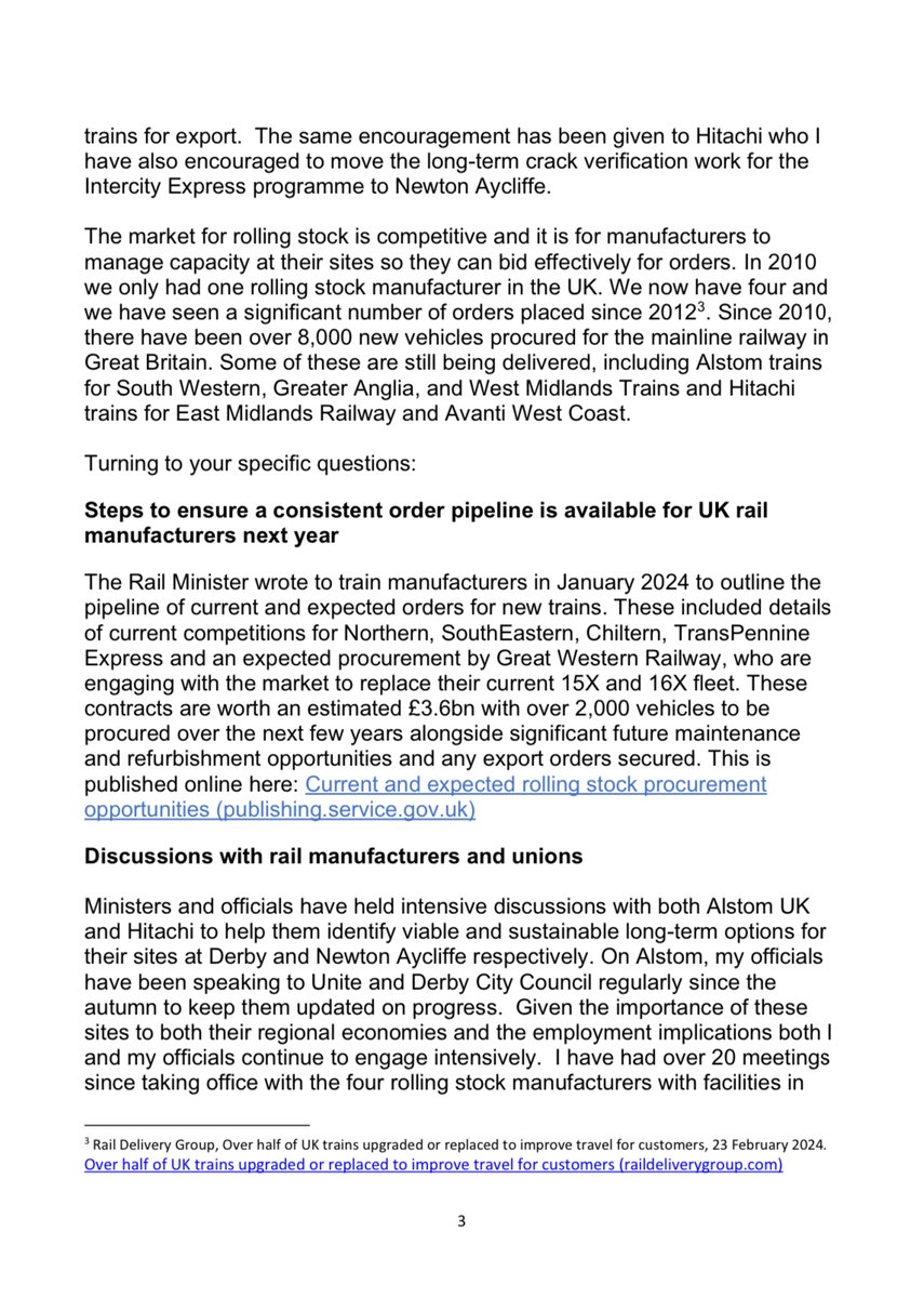 I have written to the Shadow Transport Secretary to set the record straight about this Government’s support for our rail manufacturing industry 👇