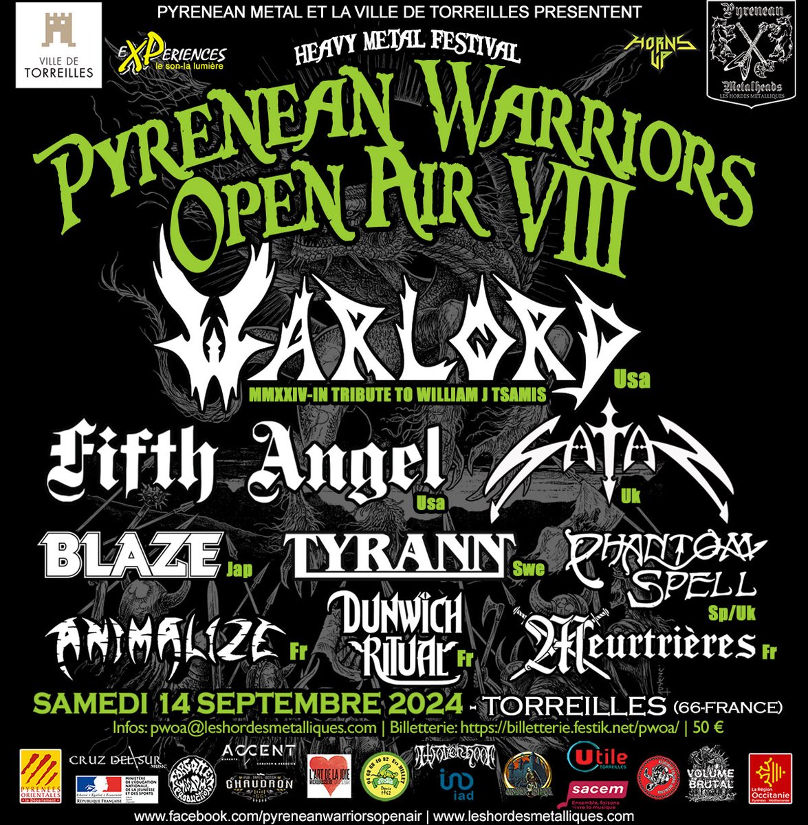 PyreneanM's tweet image. PWOA VIII, 14 Septembre 2024:
WARLORD 🇺🇸
FIFTH ANGEL 🇺🇸
SATAN 🇬🇧
BLAZE 🇯🇵
TYRANN 🇸🇪
PHANTOM SPELL 🇪🇸 🇬🇧
ANIMALIZE 🇫🇷
MEURTRIERES 🇫🇷
DUNWICH RITUAL 🇫🇷
📷Billetterie en ligne chez notre partenaire Festik au prix de 50 € la place (+frais de réservation) :
billetterie.festik.net/pwoa/