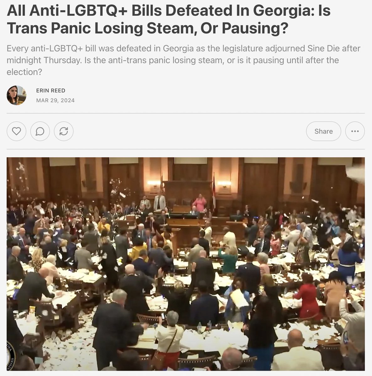 1. All anti-LGBTQ+ bills were defeated in Georgia, the third major Republican state in the last month to do so. Is the anti-transgender panic that has gripped Republicans losing steam, or is this just a pause? I analyze it in my latest piece. Subscribe to support my work.