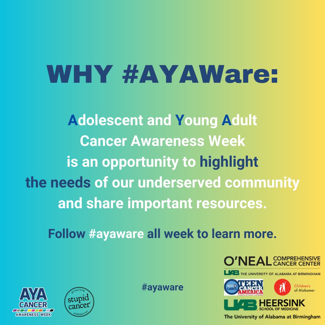 UAB Institute for Cancer Outcomes and Survivorship (@uab_icos) on Twitter photo April 1-5 is AYA Awareness Week! #AYAware
Check out our AYA Program (uab.edu/medicine/icos/…) <a href="/UABHeersink/">UAB Heersink School of Medicine</a> <a href="/ChildrensAL/">ChildrensAL</a> <a href="/uabmedicine/">UAB Medicine</a>.
<a href="/StupidCancer/">Stupid Cancer</a> <a href="/TeenCancerUSA/">Teen Cancer America</a> April 1-5 is AYA Awareness Week! #AYAware
Check out our AYA Program (uab.edu/medicine/icos/…) <a href="/UABHeersink/">UAB Heersink School of Medicine</a> <a href="/ChildrensAL/">ChildrensAL</a> <a href="/uabmedicine/">UAB Medicine</a>.
<a href="/StupidCancer/">Stupid Cancer</a> <a href="/TeenCancerUSA/">Teen Cancer America</a>