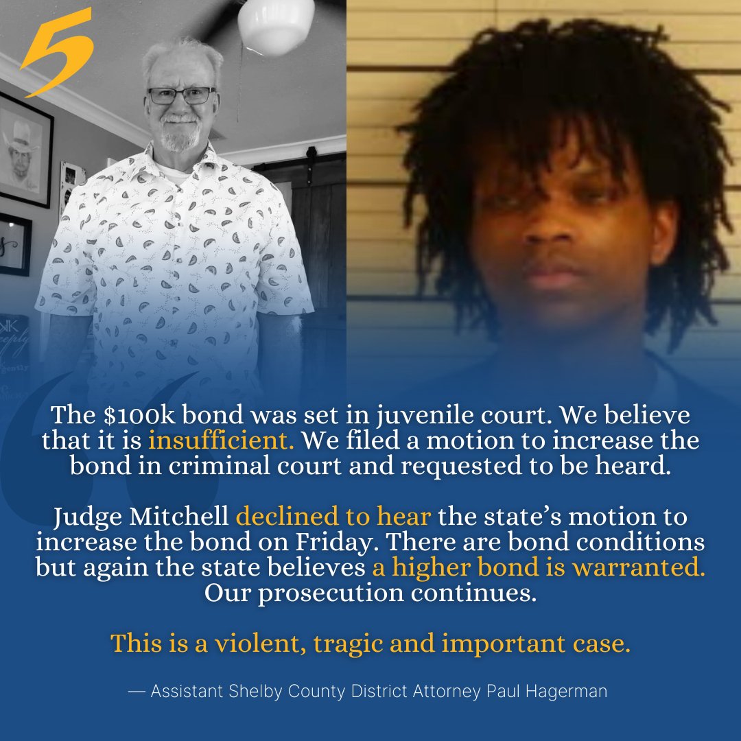 WMCActionNews5's tweet image. The now-16-year-old accused of killing a beloved Berclair street vendor is now free on bond.
Asst. Shelby Co. DA Paul Hagerman described the teen’s bond as “insufficient” and that Judge Jennifer Mitchell turned down the state’s motion to increase his bond. tinyurl.com/25lrqw3m