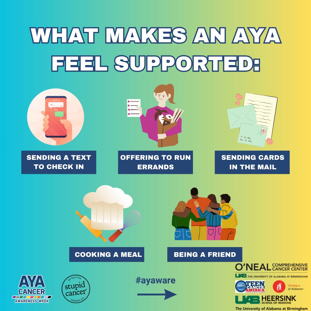 UAB Institute for Cancer Outcomes and Survivorship (@uab_icos) on Twitter photo Here are some ways to help support your AYA. #AYAware
<a href="/uabheersink/">UAB Heersink School of Medicine</a> <a href="/uabmedicine/">UAB Medicine</a> <a href="/childrensal/">ChildrensAL</a>
<a href="/teencancerUSA/">Teen Cancer America</a> <a href="/StupidCancer/">Stupid Cancer</a> Here are some ways to help support your AYA. #AYAware
<a href="/uabheersink/">UAB Heersink School of Medicine</a> <a href="/uabmedicine/">UAB Medicine</a> <a href="/childrensal/">ChildrensAL</a>
<a href="/teencancerUSA/">Teen Cancer America</a> <a href="/StupidCancer/">Stupid Cancer</a>