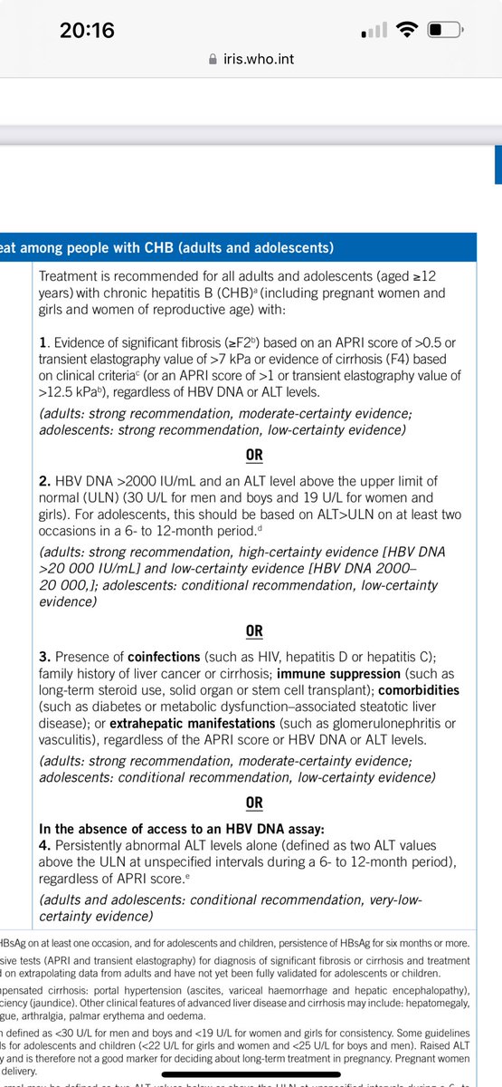 Here is the summary of new eligibility criteria for treatment of #HBV from the new ⁦@WHO⁩ guidelines. HBV >2000 and ALT >ULN will encompass most of patients in our clinics. IMO patient choice still critical. ⁦@HepBFoundation⁩ ⁦@LiverTrust⁩ ⁦@ICE_HBV⁩