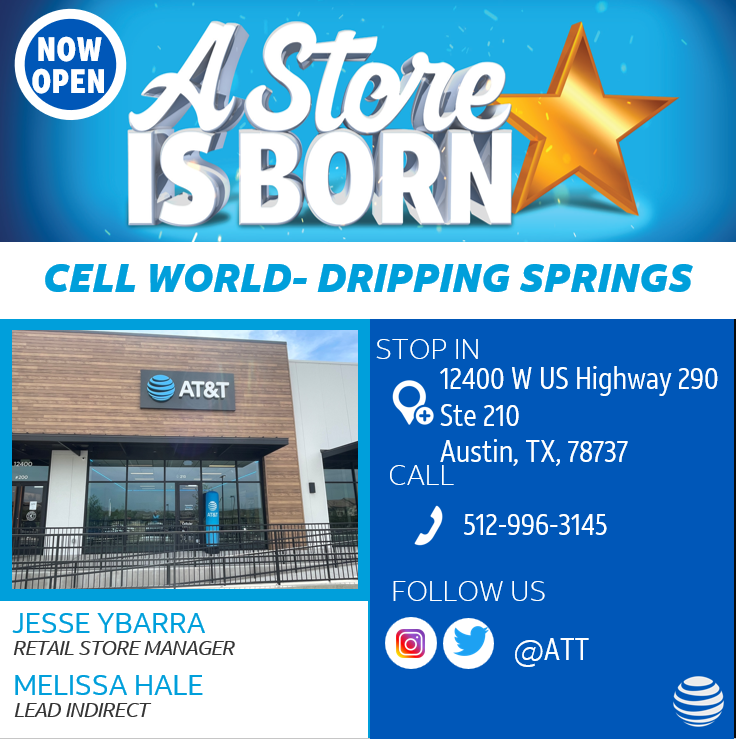 STXspeaks's tweet photo. STX is growing. take a look at our new location that just opened TODAY Cell World- Dripping Springs. @LuisSilva_STX @holland_marci @JeremiahSchmit5 @STXspeaks #DrippingSprings #StoreIsBorn https://t.co/McfcG4o0LW