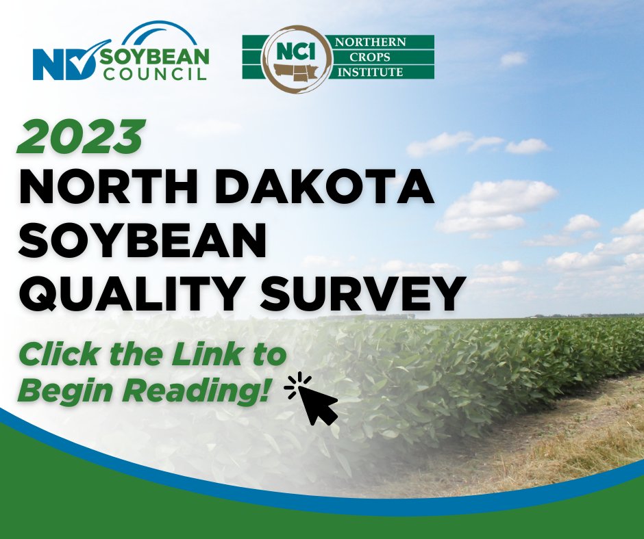 Great News! 🎉 The 2023 @NCI_NDSU North Dakota Soybean Quality Survey is here! The 2023 survey is packed full of information from the last growing season including ND weather summary, protein summary, export summary, and much more! To begin reading, visit bit.ly/2024NDSoyQuali…