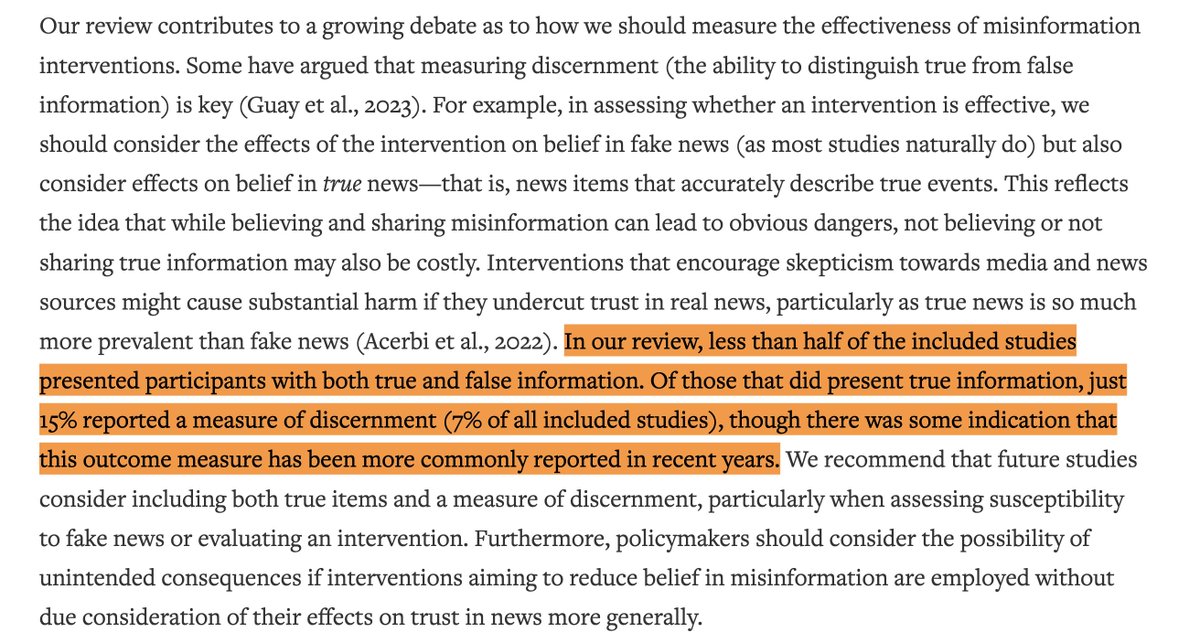 *Less than half* of misinformation studies expose people to both false and true info, and ONLY 7% measure discernment (the difference between believing/sharing true and false info)!! misinforeview.hks.harvard.edu/article/what-d… @gillysmurf Short 🧵 on why you should be measuring discernment👇👇