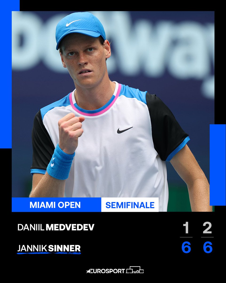 Eurosport_IT's tweet photo. SINNER È UN RULLO COMPRESSORE, MEDVEDEV KO 💪🎾🇮🇹

Jannik domina il match eliminando Daniil in due set e un anno dopo ritorna in finale a Miami

#EurosportTENNIS #TENNIS #Sinner #Medvedev #ATP #MiamiOpen https://t.co/AoUXDs4rGs