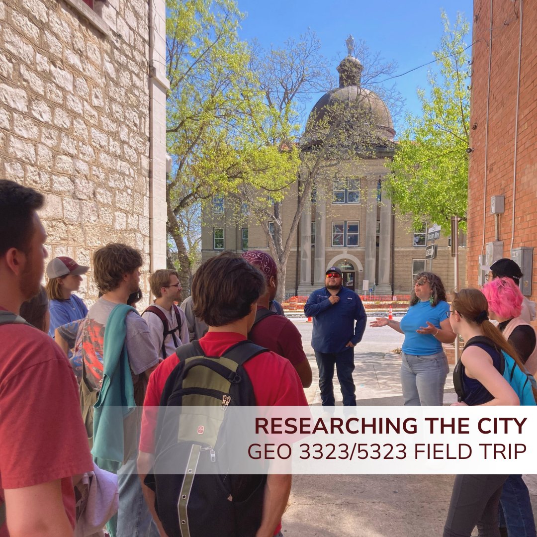 Dr. Rosalie Ray took her GEO 3323/5323 students to @downtownsmtx to get information for their final project. Shoutout to Josie Falletta and Jeremy Gonzales for an awesome tour!