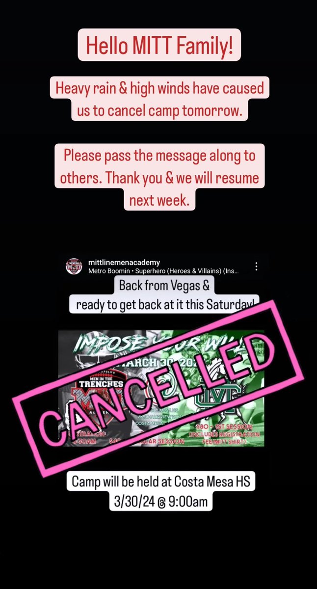 SoCal MITT will be cancelled due to weather! We will see you all next week.