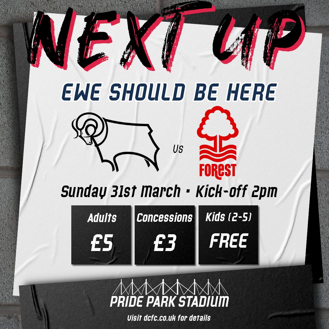 After the Rams had a good Friday, we look to make it a perfect Easter weekend in black and white 🖤🤍 🆚️ @NFFCWomen ⌚ 14:00 Kick-off 📆 Sunday, 31 March 📍 Pride Park Stadium 🎟️ thera.ms/hometix #dcfcfans | #COYE