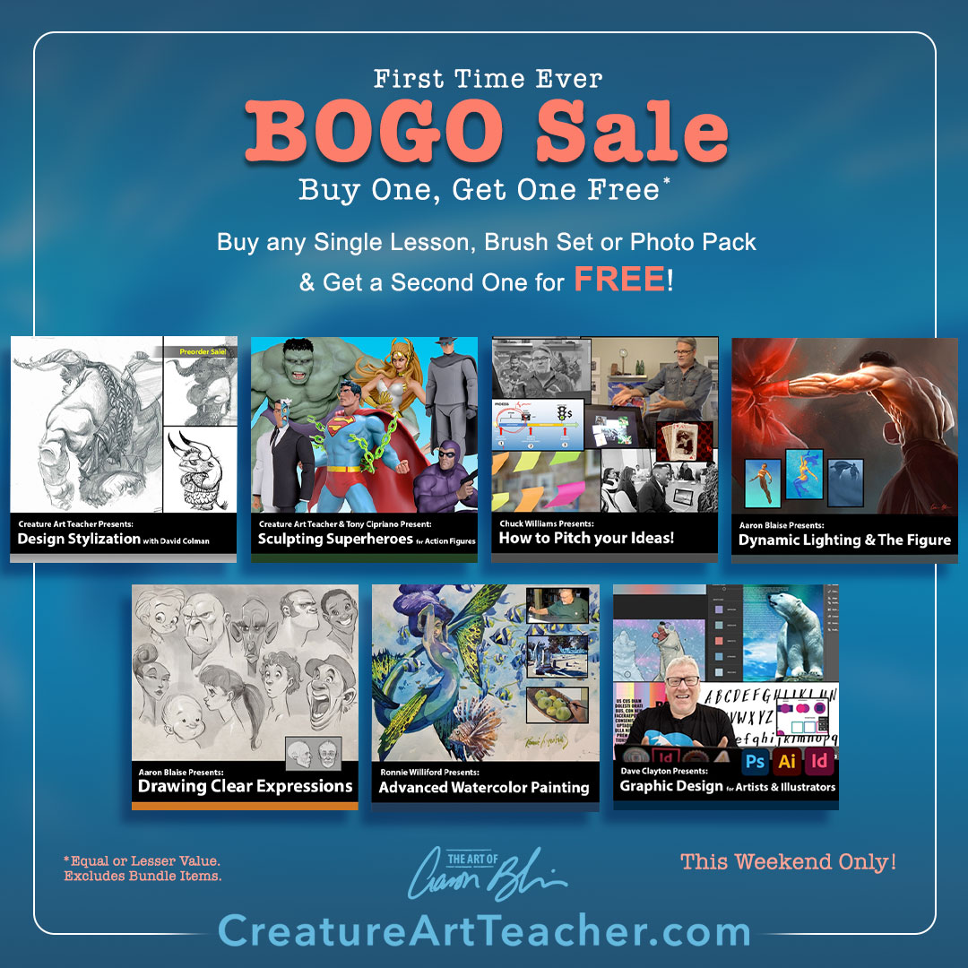 🎉💸 BIG NEWS: My 1st EVER BOGO Sale on Courses is Happening Now! This weekend ONLY, Buy 1 class, brush set, or photo pack & get another FREE! 🖌️👀 🔗 Shop now: creatureartteacher.com/product-catego… #ArtSale #BOGOSale #AaronBlaiseArt #DigitalArt #LearnToDraw #tutorial