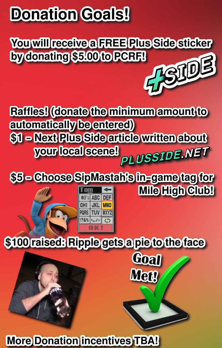 There is now a $5 raffle for Plus Side Smackdown's S1 Finale to choose @Sip_Mastah's in-game tag to wear throughout the upcoming Bigger Mile High Club! Be sure to head over to start.gg/pss and consider donating to the Palestine Children's Relief Fund!