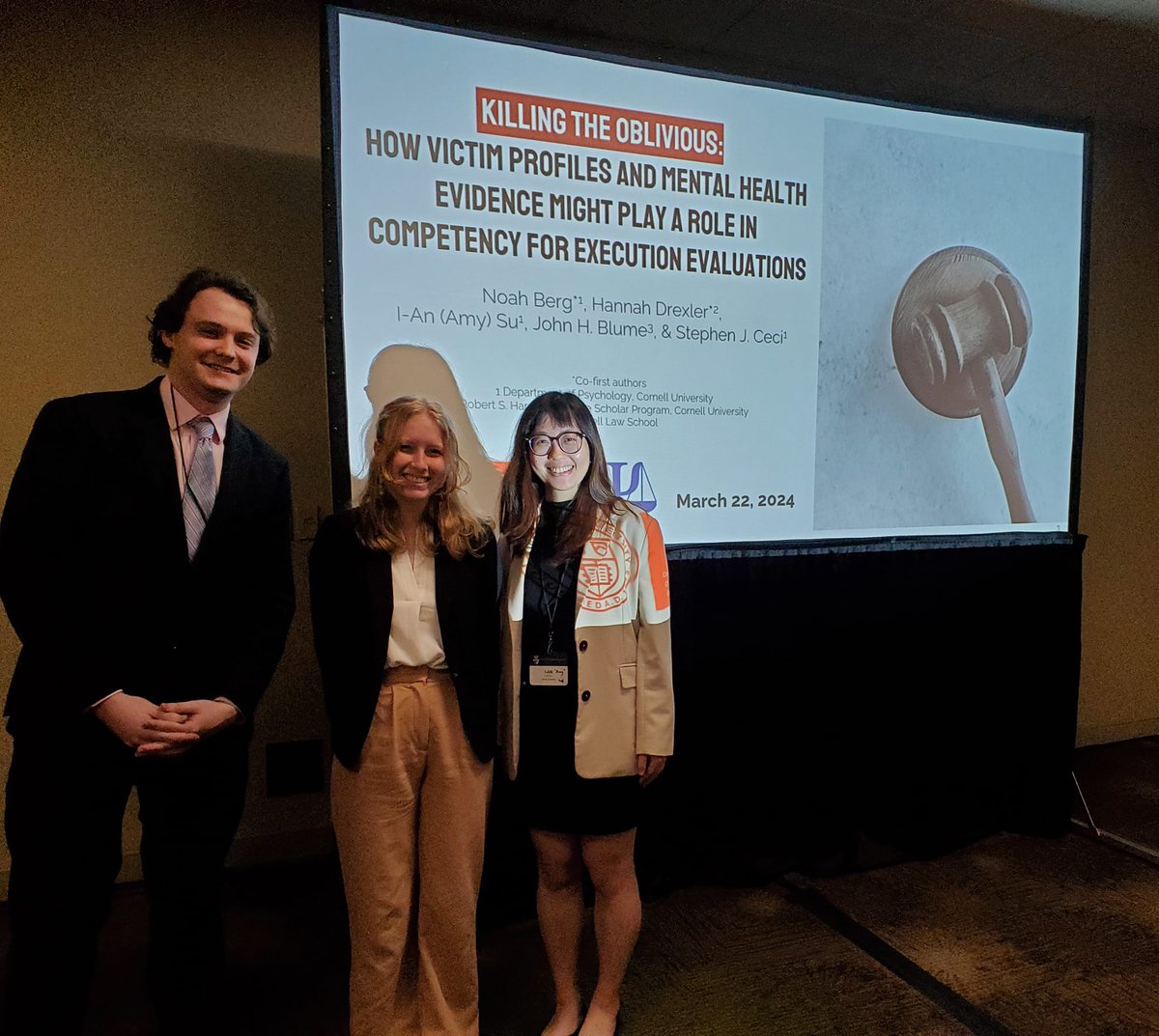 AmyIAnSu1's tweet image. Apologies for the delayed #APLS2024 tweet! Thrilled to share that Hannah and Noah gave an amazing presentation on competency for execution. Guided by @JBCornellLaw, their research illuminates crucial correlations in life-and-death decisions. Proud of this undergraduate duo team!