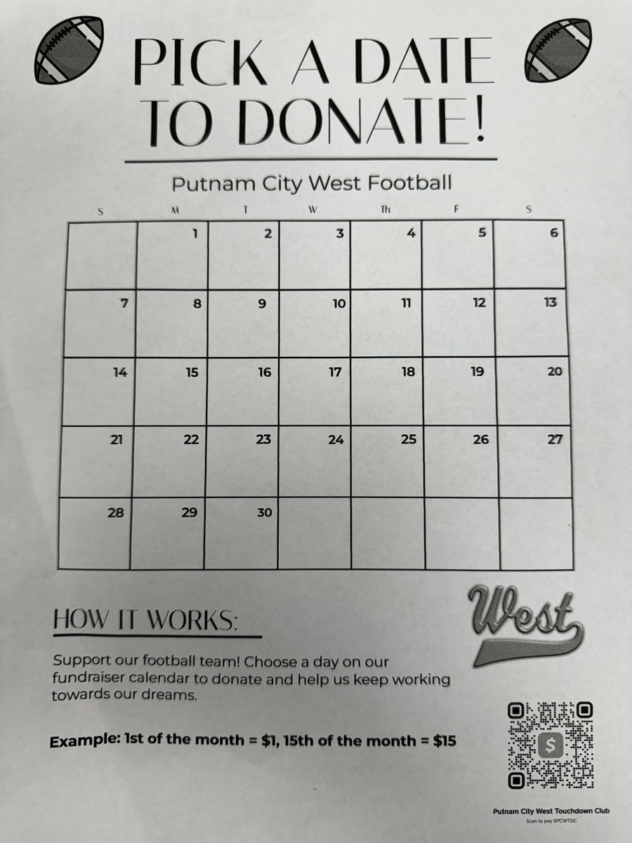 Kristopher Alvarez (@coach_kalvarez) on Twitter photo Please help <a href="/PCWestFootball1/">PCWest Football</a> to raise funds to help us keep working towards our dreams. Scan the QR code on the bottom of the page and donate the amount of money that matches the day you are donating. The entire football program greatly appreciates all donations! #pcwestfootball Please help <a href="/PCWestFootball1/">PCWest Football</a> to raise funds to help us keep working towards our dreams. Scan the QR code on the bottom of the page and donate the amount of money that matches the day you are donating. The entire football program greatly appreciates all donations! #pcwestfootball