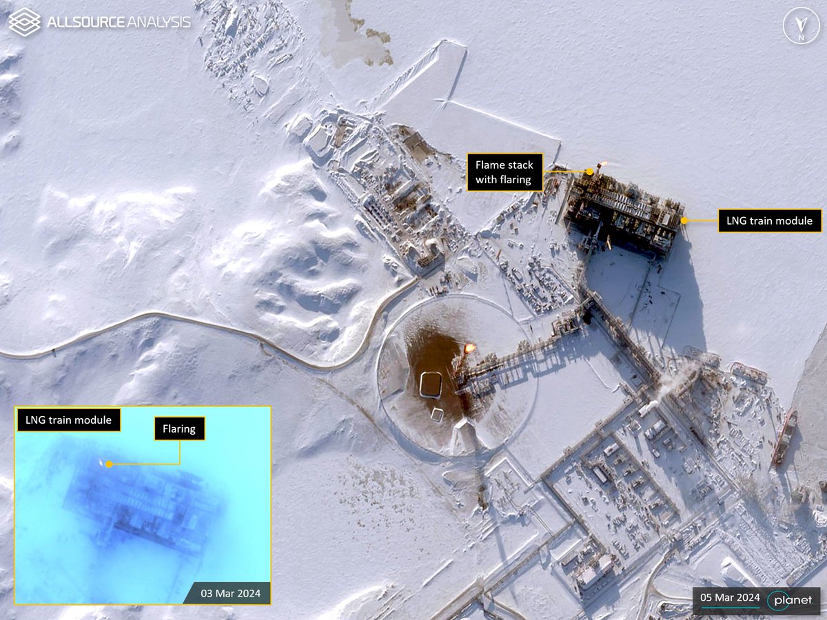 AllSourceA's tweet photo. Analysis of GEOINT from 01 October 2023 - 05 March 2024 shows Arctic LNG 2 has been brought online with a flame visible from the LNG train modules flame stack. https://t.co/epfzHD3Daa

#GEOINT #Geospatial #Intelligence #Russia #Gydan #ArcticLNG2 https://t.co/t0PFHyXLrN