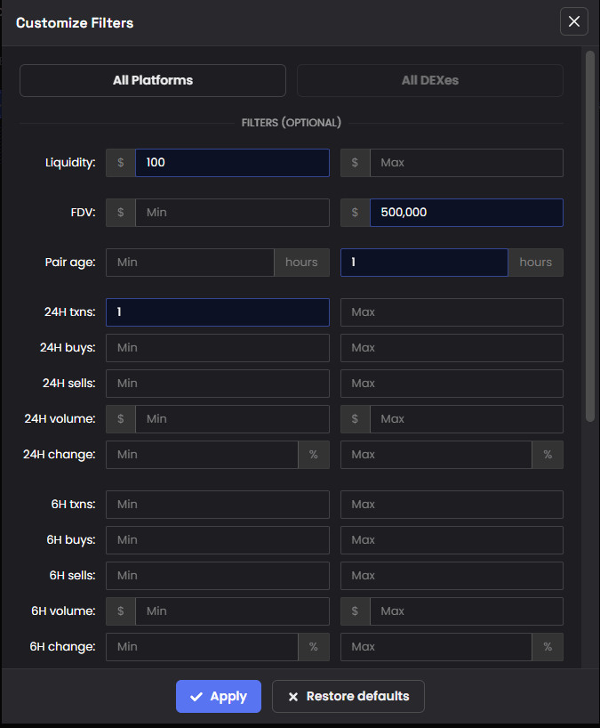 rektfencer's tweet photo. Filter: 1-Hour-Old New Pairs

This filter displays coins that meet the following criteria:

➣ Ranked by age
➣ Liquidity over $100 (degen mode)
➣ Market cap less than $500k

These settings provide me with new and high-risk coins without other noise. https://t.co/tTFDOnmlU1