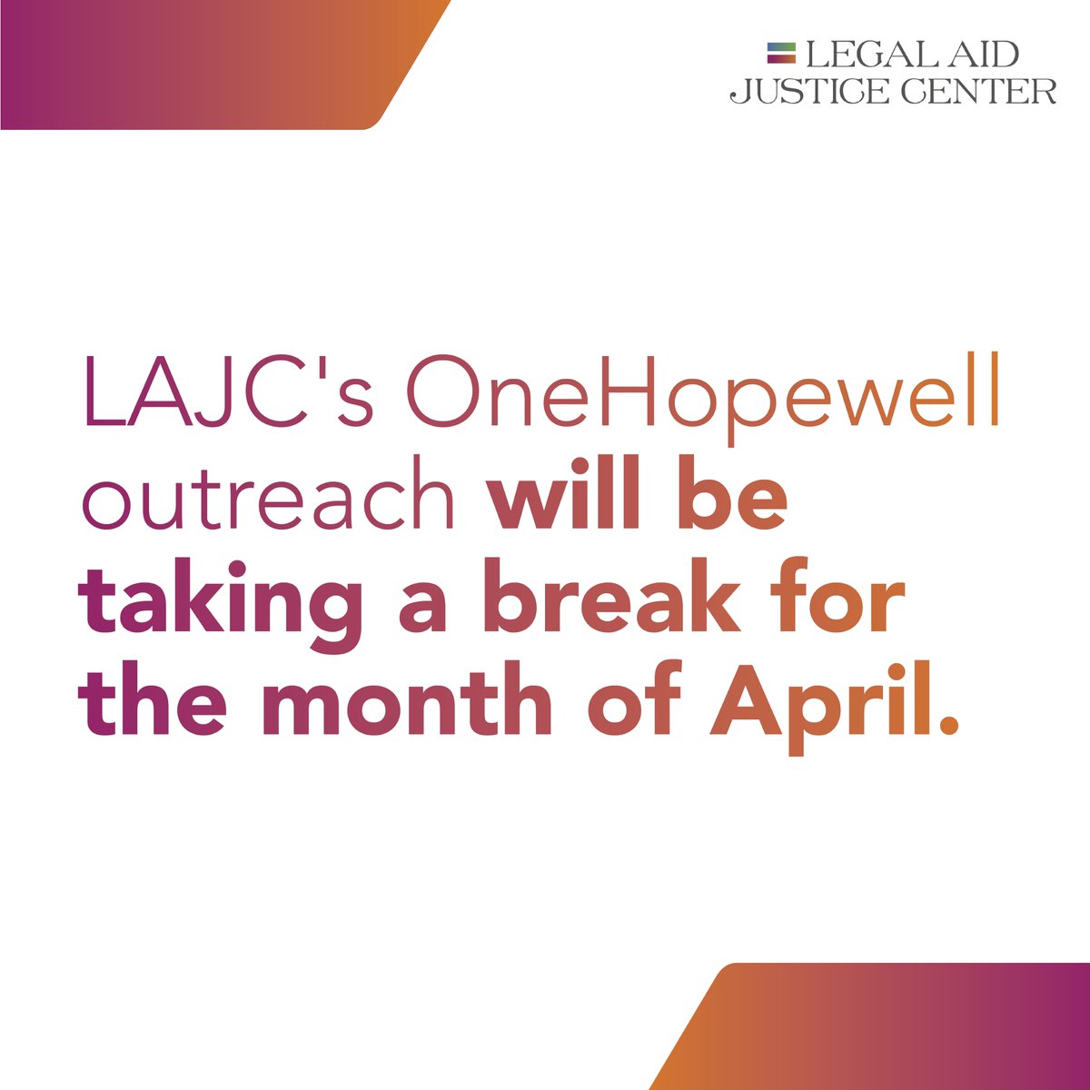 LAJC's OneHopewell outreach will be back on May 7th with new hours! We will be providing legal information on housing issues to Hopewell area tenants from 2-4pm on the first Tuesday of each month.