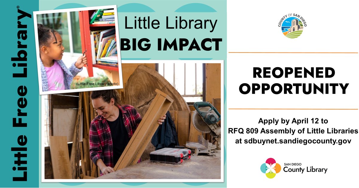 We've reopened opportunity to build Little Free Libraries to expand reading throughout San Diego County. Visit sdbuynet.sandiegocounty.gov by April 12 or share with your favorite #sandiegowoodworker. #woodworker #sandiegowoodworking #freelittlelibrary