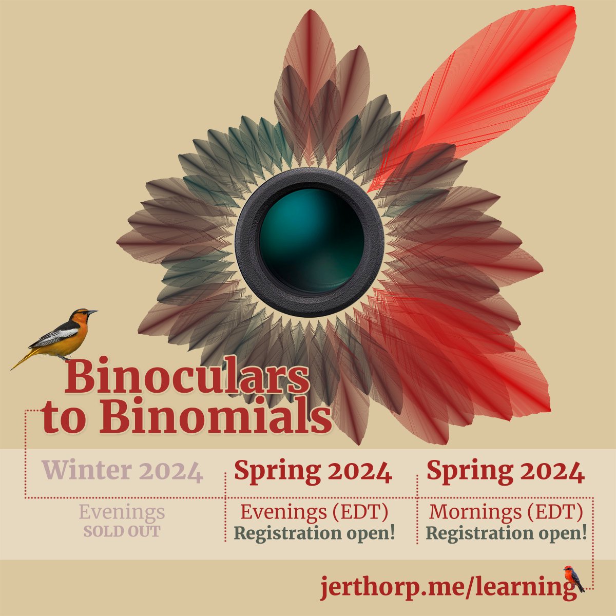 There are only 3 🎟️ left in each of the upcoming Spring cohorts for my Binoculars to Binomials course. If you're a coder who's been thinking about taking up birding, come join us. If you're a birder who wants to get more out of bird data, come join us. jerthorp.me/learning