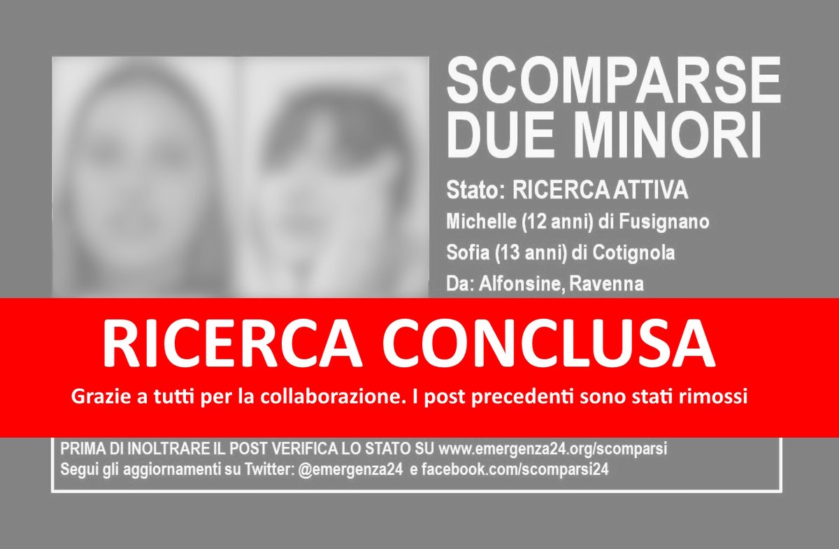 Emergenza24's tweet photo. AGGIORNAMENTO: RITROVATE E STANNO BENE

[29.03-21:30] Ritrovate a #Napoli le 2 #minori #scomparse il 27.03.2024 da #Alfonsine #Ravenna
Grazie a tutti per la collaborazione
Informazioni e aggiornamenti: https://t.co/QVOpFGm4yN
Per le ultime notizie iscriviti al canale dedicato di #Emergenza24 https://t.co/cMAVbPc9y1