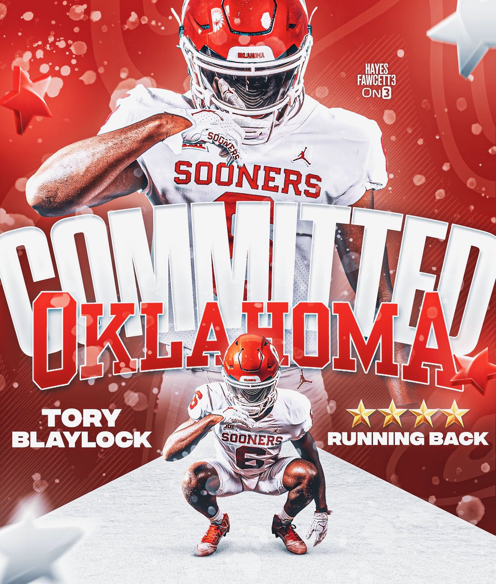 BREAKING: Four-Star RB Tory Blaylock has Committed to Oklahoma, he tells me for @on3recruits The 6’0 197 RB from Houston, TX chose the Sooners over Texas, Ohio State, & Tennessee “Sooner Nation it’s up🤝🏾 Let’s get this money!” on3.com/db/tory-blaylo…