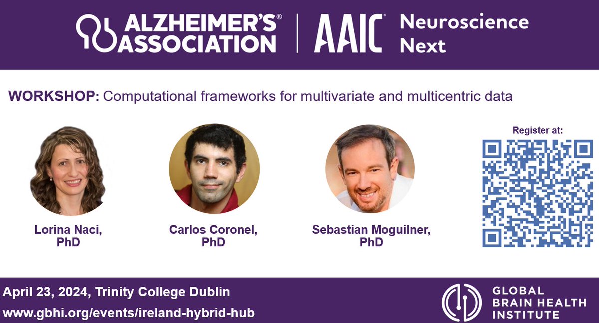 📌 Don't miss your chance to take part in the #AAICNeuroscienceNext Dublin 🍀<a href="/LorinaNaci/">Prof Lorina Naci</a>, @carlos_the_mig &amp; Sebastian Moguilner will be presenting Computational frameworks for multivariate and multicentric data. Registration is now open 👉gbhi.org/events/ireland…
<a href="/ISTAART/">ISTAART</a>
