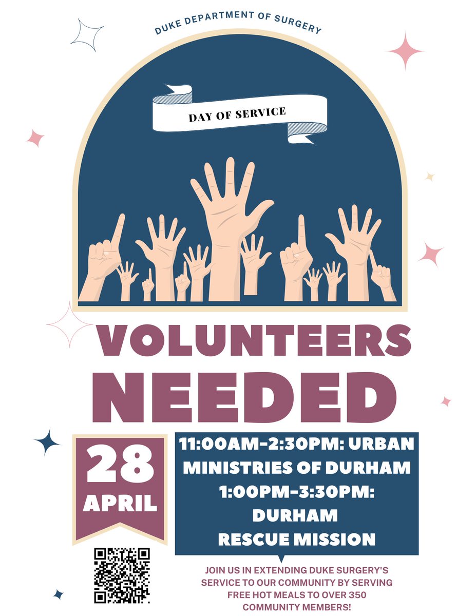 Call @DukeMedSchool students! The @DukeSurgery & @DukeSurgRes is partnering w/ Urban Ministries AND Durham Rescue Mission to serve hot meals to the #Durham housing insecure community on April 28! Volunteer here: duke.qualtrics.com/jfe/form/SV_0p… @Anthony35698915 @mary_moyamendez @JMigaly