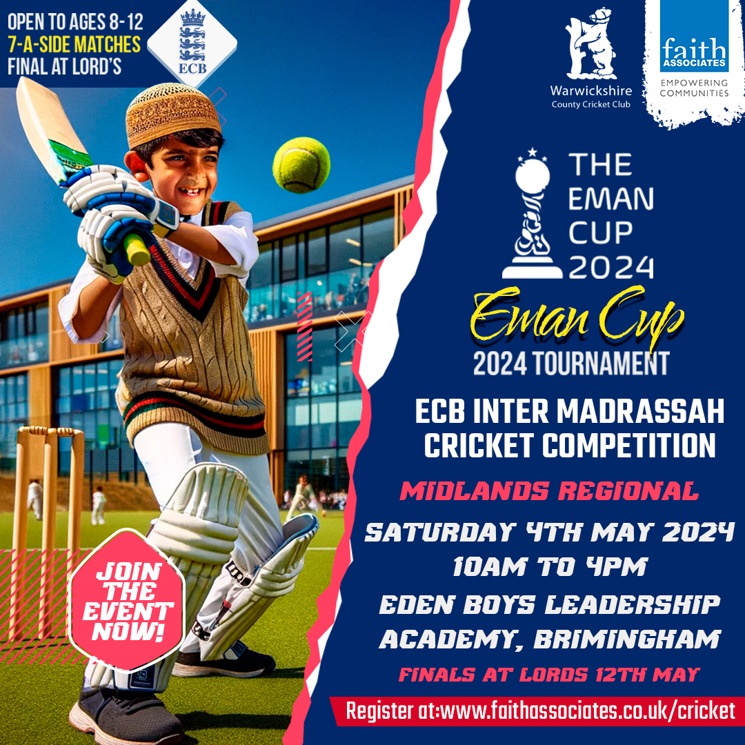 🏏 Calling all #Mosque or #Madrassah teams in the #Midlands! 🏆 Join us on Sat 4th May for the Midlands Regional #Cricket Championship. Winners qualify for the National Finals at Lord’s! Free entry – lnkd.in/ea-6caN5 @WarwickshireCCC @ECB_cricket @MasoominSports