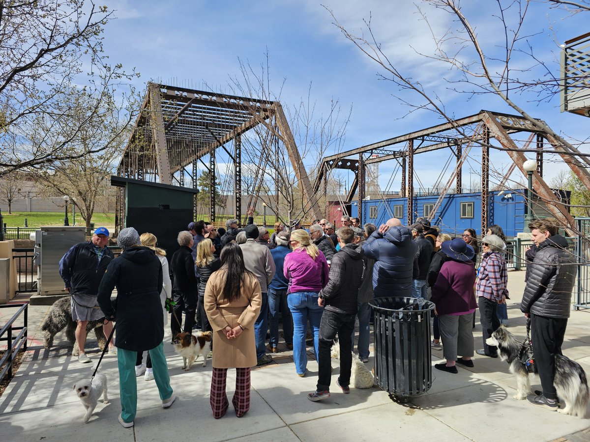 Assembled a group of passionate downtown neighbors & their dogs to meet @DenverDOTI for an update about Delgany Bridge. DOTI described a recent structure inspection report. We then had a spirited discussion about creative ideas the neighbors had which we'll look into. #MrDowntown