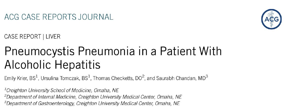 Proud of our @CreightonSOM students Emily & Ursulina and all 🌟 @IMCreighton resident @CheckettsRees for their work on Pneumocystis Pneumonia in Alcoholic Hepatitis - Case Report & Review of Literature, now published in @ACGCRJ @CreightonGi #GITwitter ➡️ shorturl.at/bBHT5