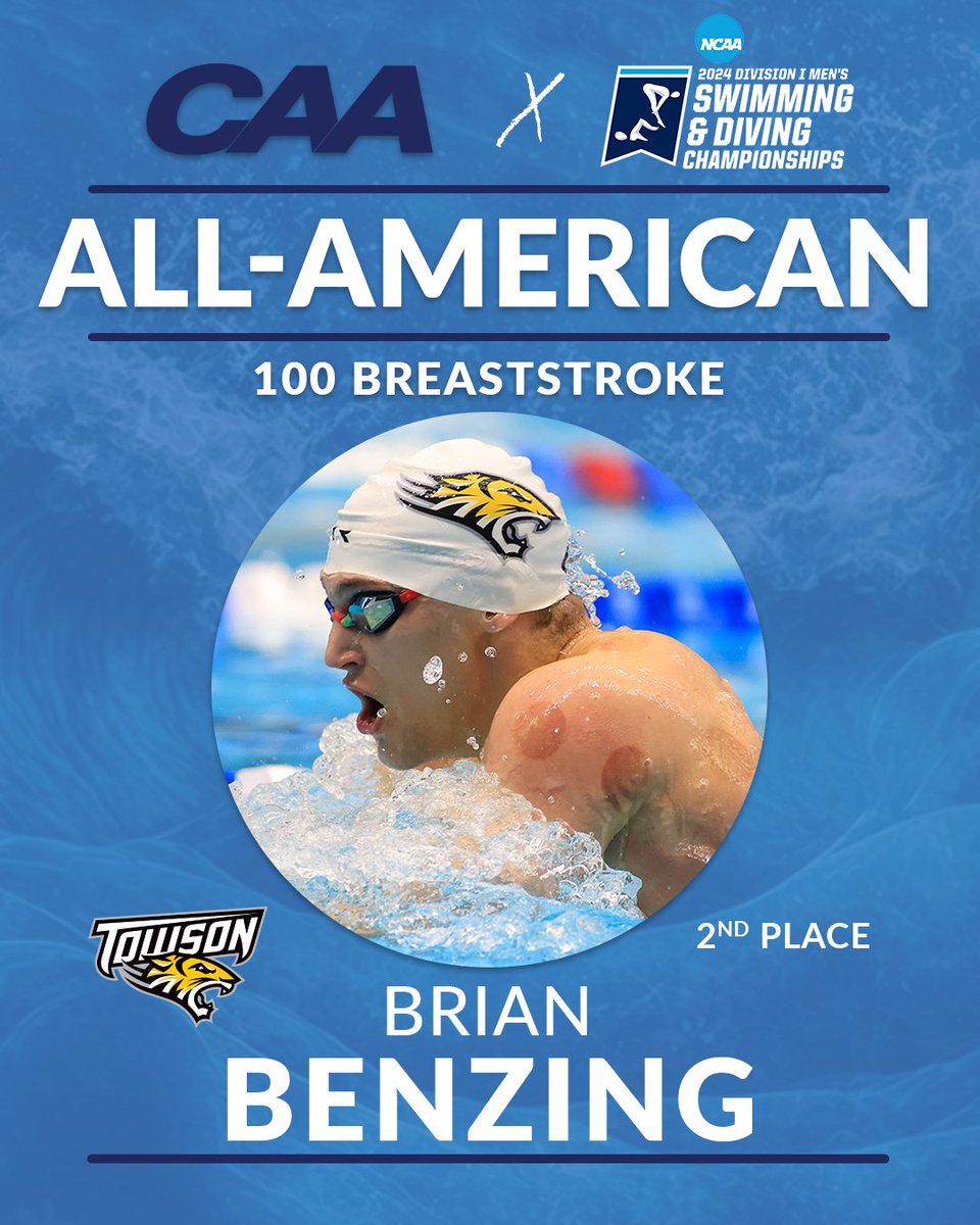 ‼️ SECOND PLACE ‼️ Have a DAY Brian Benzing, you are an All-American The @Towson_SWIMDIVE senior goes 50.59 in the 100 breaststroke #CAASD | #NCAASwimDive