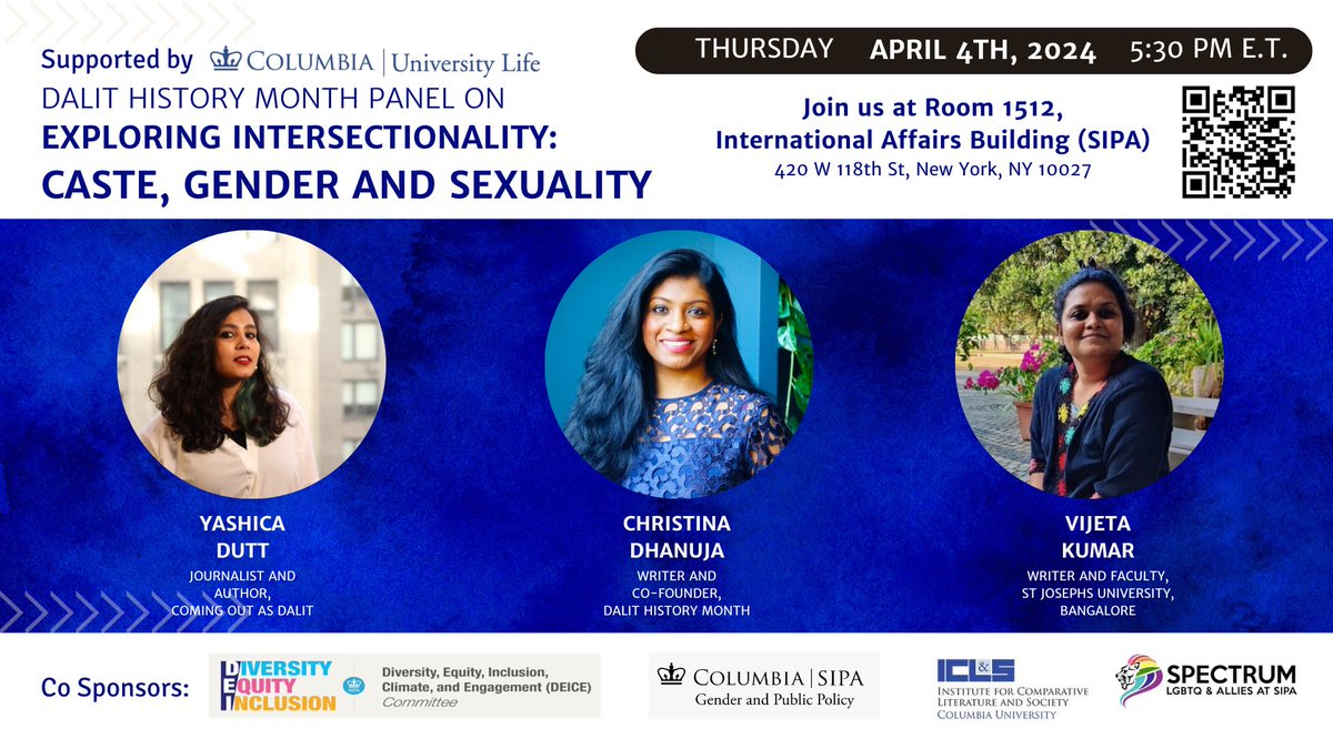 In commemoration of Dalit History Month, join three scholars (@YashicaDutt , @caselchris1 ,@rumlolarum) in exploring how they write about sexuality as Dalit women. Join the panel on April 4th at 5:30pm by RSVP'ing below! 📍Room 1512, SIPA building RSVP: sipa.campusgroups.com/sdc/rsvp_boot?…