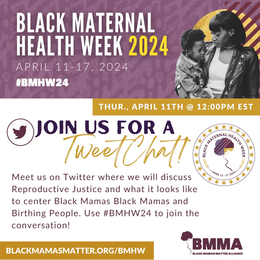 BMHW24 TWEET CHAT Thursday, April 11 @ 12:00 PM EST. It’s #BlackDoulaDay and we want to shout out to all the amazing doulas out there! If you are a doula, quote this with where you are located and what you specialize in! #BMHW24 #BlackDoulaDay