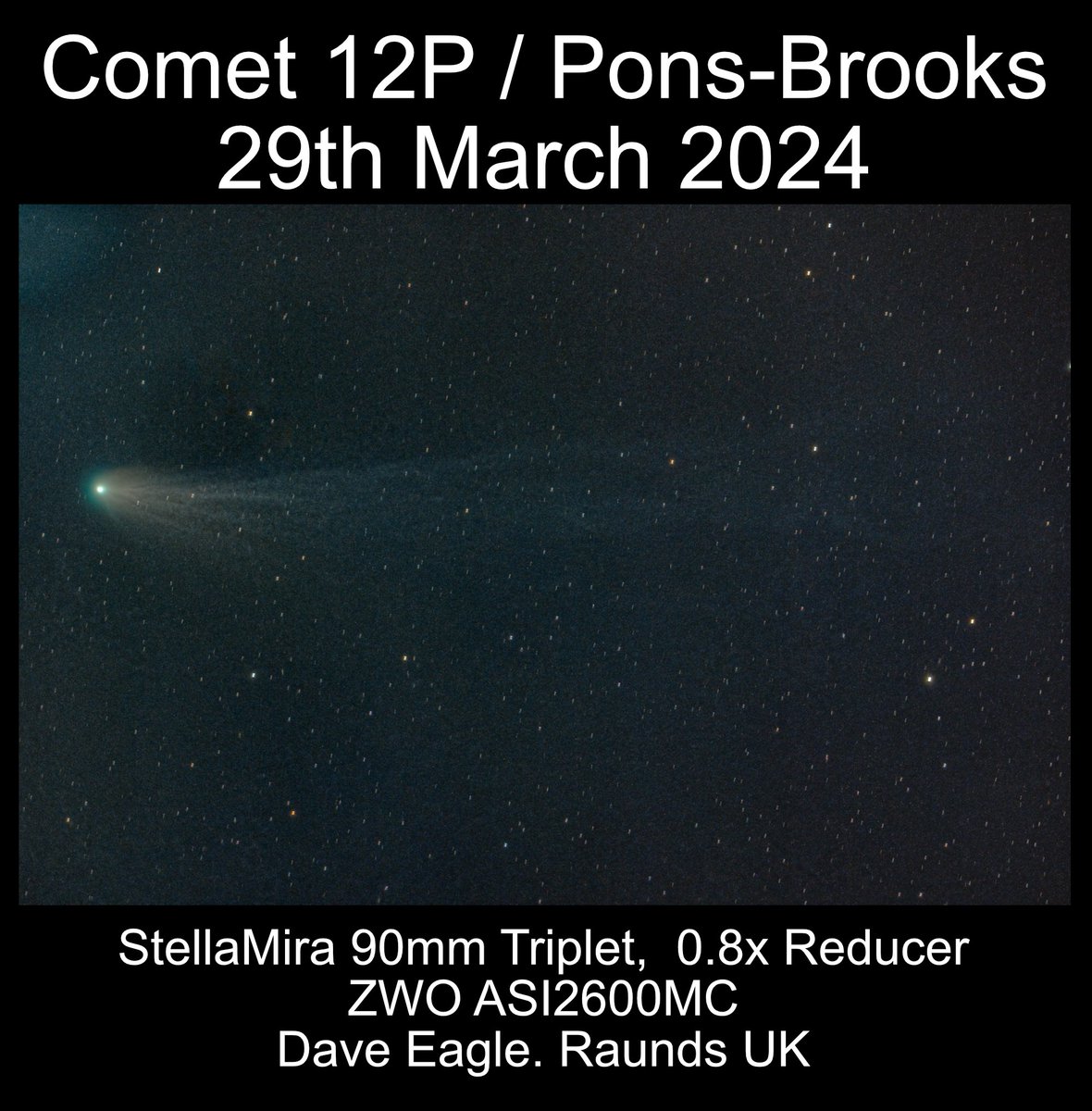 Fighting the neighbours trees, clouds, light pollution and a huge dust bunny (flats to be taken and added later) I managed to catch Comet 12P / Pons-Brooks before it went behind the neighbours roof. I might have to go mobile very soon. Easily visible in 10x40 bins.