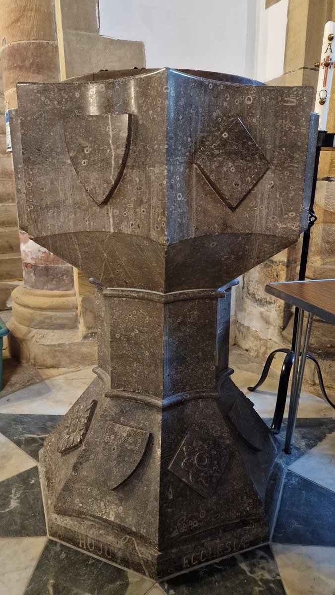 #FontsOnFriday All Saints, Kirkbymoorside, 1875. Octagonal bowl with concave sides, shields and lozenges blank; base similar but with ornamentation. The whole of polished Derbyshire limestone (Pevsner), contradicted by the guidebook, which cites Frosterley marble from Co. Durham.